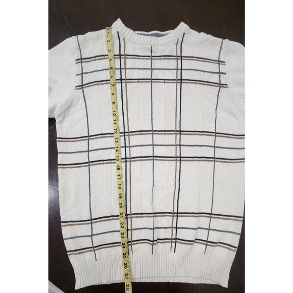 Oscar de la Renta Designer Men's Crew Neck Sweater Cotton Preppy‎ Cream Plaid M - Picture 8 of 9